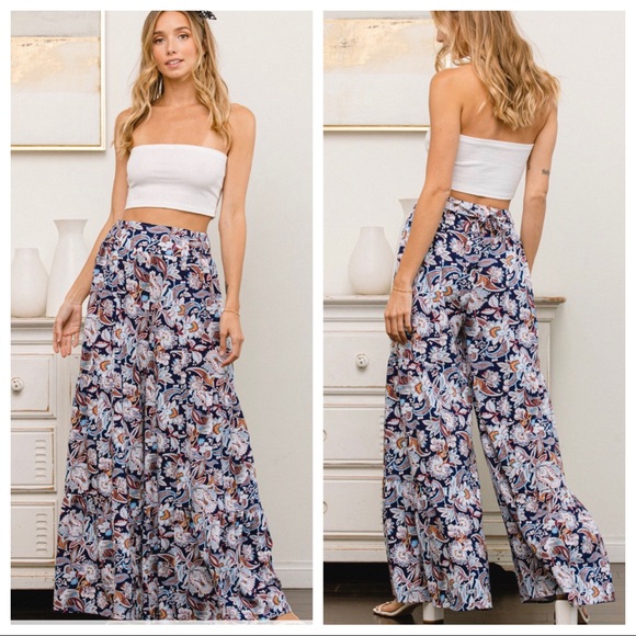 #09 Hippie Boho Chic Wide Leg Floral Pants With Ruffle Tier - Picture 4 of 5